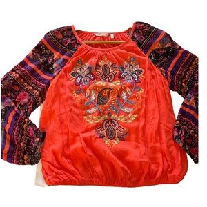 Soft Surroundings floral Shirt Embroidered Orange Flowy Boho Gathered Hem Cuff M